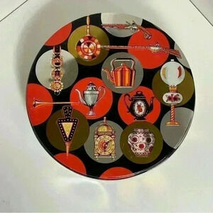 Fabulous 60s Huntley Boorne Biscuit tin orange & black  with antique items theme